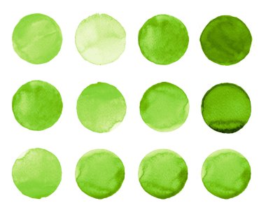 Suluboya el daire boyalı beyaz izole yeşil kümesi. Gösterim amacıyla sanatsal tasarım. Yuvarlak lekeler, BLOB'ları