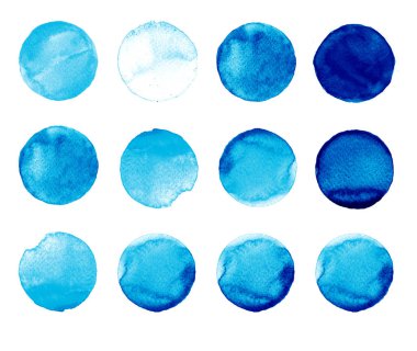 Gri, mavi suluboya el kümesi üzerinde beyaz izole daire çizdim. Gösterim amacıyla sanatsal tasarım. Yuvarlak lekeler, BLOB'ları