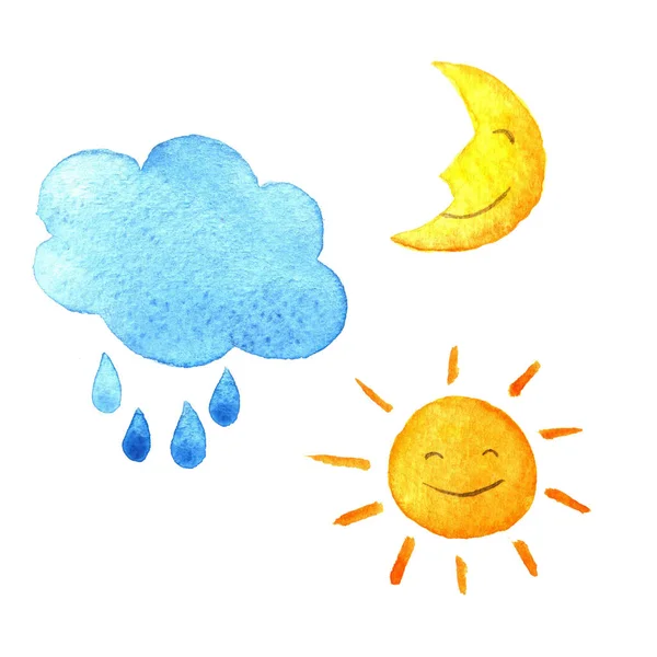 Wetter-Aquarell-Set von Ikonen. niedlich lächelnde Sonne, Mond, Stern, Tropfen und Wolken. Handgemalte Illustration. — Stockfoto