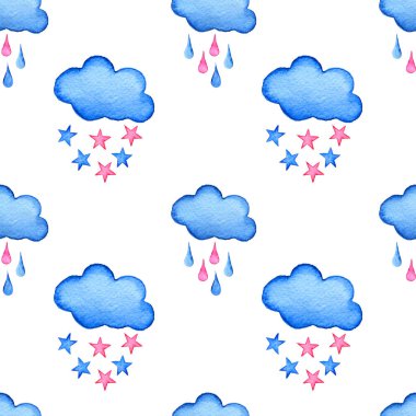 Sulu Boya bulutlar ve yıldızlar arka plan mavi. El boyalı bulut beyaz izole.