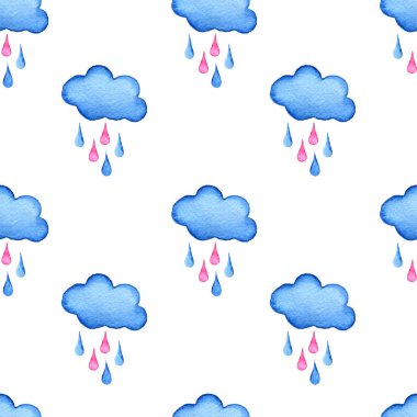 Sulu Boya bulutlar ve yağmur damlaları arka plan mavi. El boyalı bulut beyaz izole.