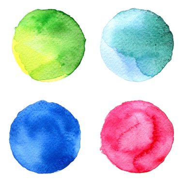 Renkli suluboya el boyalı daire üzerinde beyaz izole kümesi. Gösterim amacıyla sanatsal tasarım. Yuvarlak lekeler, BLOB'ları mavi, kırmızı, yeşil, kahverengi