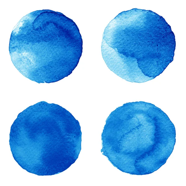 Set of blue watercolor hand painted circle isolated on white. Illustration for artistic design. Round stains, blobs — Stock Photo, Image