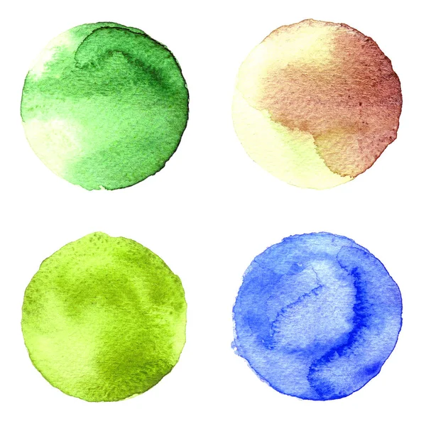 Készlet színes akvarell kézzel festett kör elszigetelt fehér. Ábra a művészi design. Kerek foltok, foltok kék, piros, zöld, barna — Stock Fotó