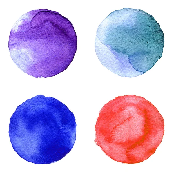 Ensemble d'aquarelle colorée peinte à la main cercle isolé sur blanc. Illustration pour le design artistique. Taches rondes, lobes bleus, rouges, verts, marron — Photo