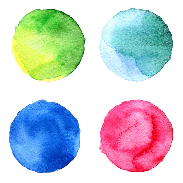 Набор красочных акварелей ручной работы круг изолирован на белом. Иллюстрация художественного дизайна. Круглые пятна, пятна голубые, красные, зеленые, коричневые
