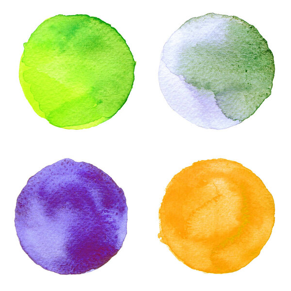 Набор красочных акварелей ручной работы круг изолирован на белом. Иллюстрация художественного дизайна. Круглые пятна, пятна голубые, красные, зеленые, коричневые
