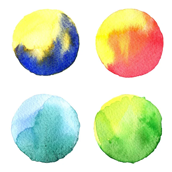 Ensemble d'aquarelle colorée peinte à la main cercle isolé sur blanc. Illustration pour le design artistique. Taches rondes, lobes bleus, rouges, verts, marron — Photo