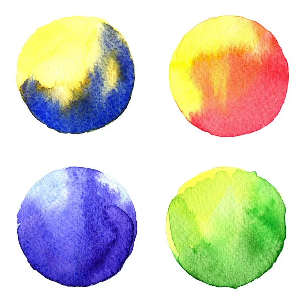सफेद पर अलग रंगीन वाटर कलर हैंड पेंट सर्किल का सेट। कलात्मक डिजाइन के लिए चित्रण। गोल धब्बे, ब्लॉब्स नीला, लाल, हरा, भूरा — स्टॉक फ़ोटो, इमेज