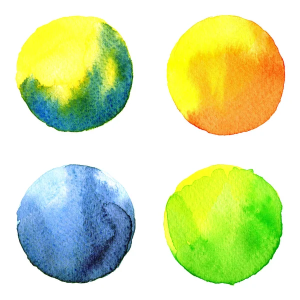 Renkli suluboya el boyalı daire üzerinde beyaz izole kümesi. Gösterim amacıyla sanatsal tasarım. Yuvarlak lekeler, BLOB'ları mavi, kırmızı, yeşil, kahverengi — Stok fotoğraf