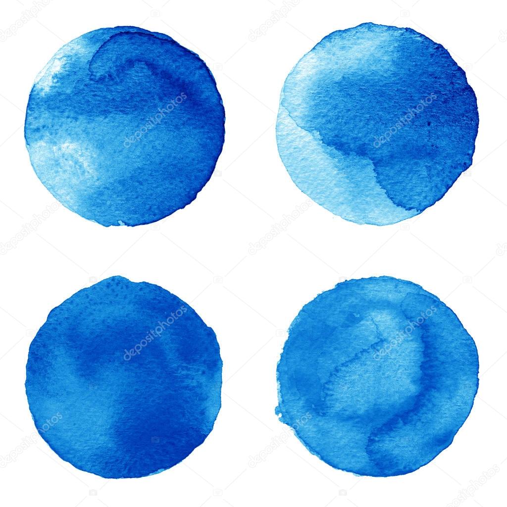 Set of blue watercolor hand painted circle isolated on white. Illustration for artistic design. Round stains, blobs