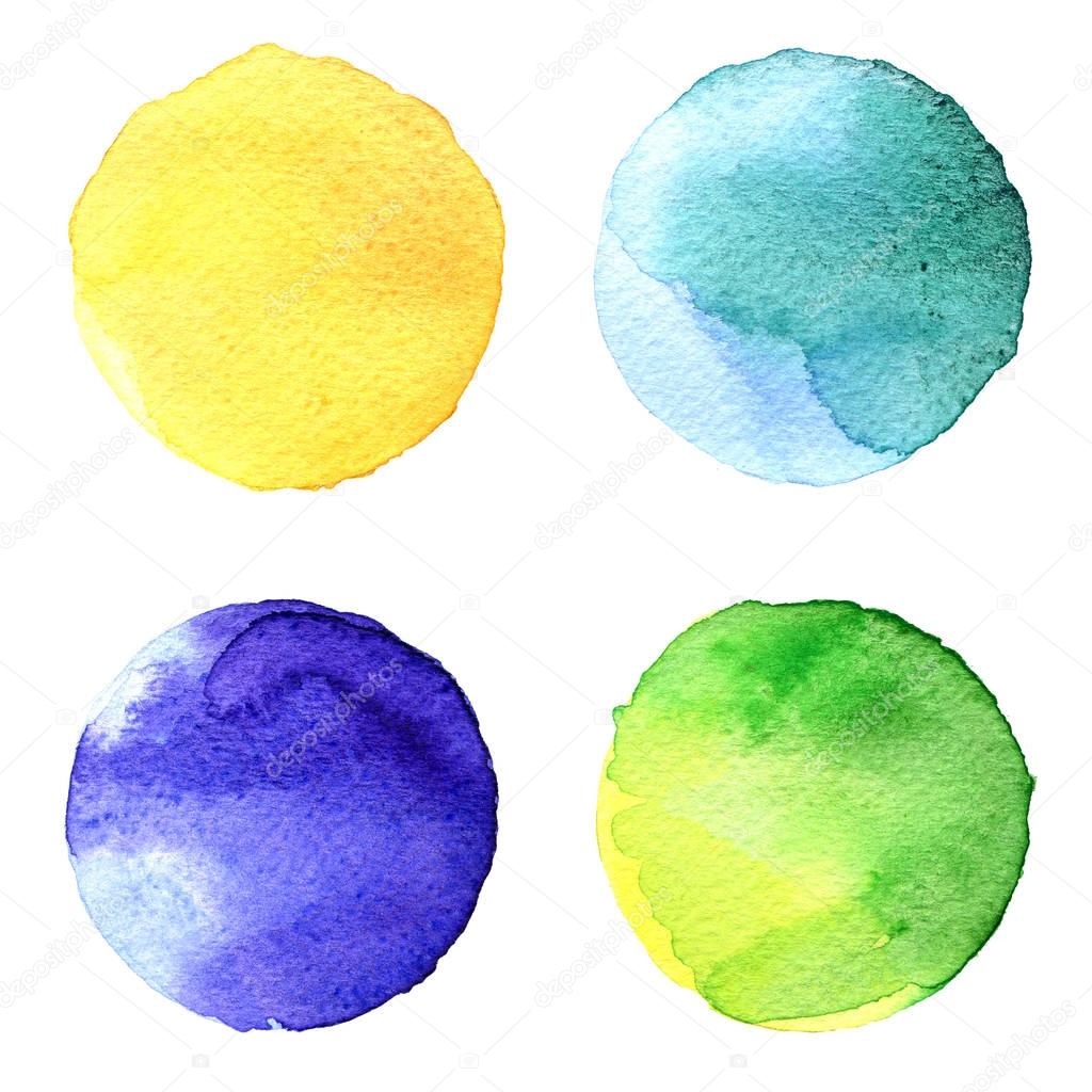 Set of colorful watercolor hand painted circle isolated on white. Illustration for artistic design. Round stains, blobs blue, red, green, brown