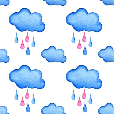 Sulu Boya bulutlar ve yağmur damlaları arka plan mavi. El boyalı bulut beyaz izole.