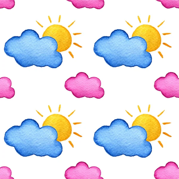 Vicces boldog mosolygó suns és a felhők. Világos gyönyörű rajzfilm minta. Kézzel festett akvarell illusztráció. Elszigetelt fehér — Stock Fotó