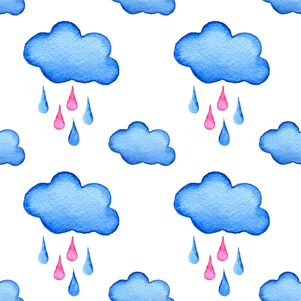 Nubes de acuarela azul y fondo de gotas de lluvia. Nube pintada a mano aislada en blanco . — Foto de Stock