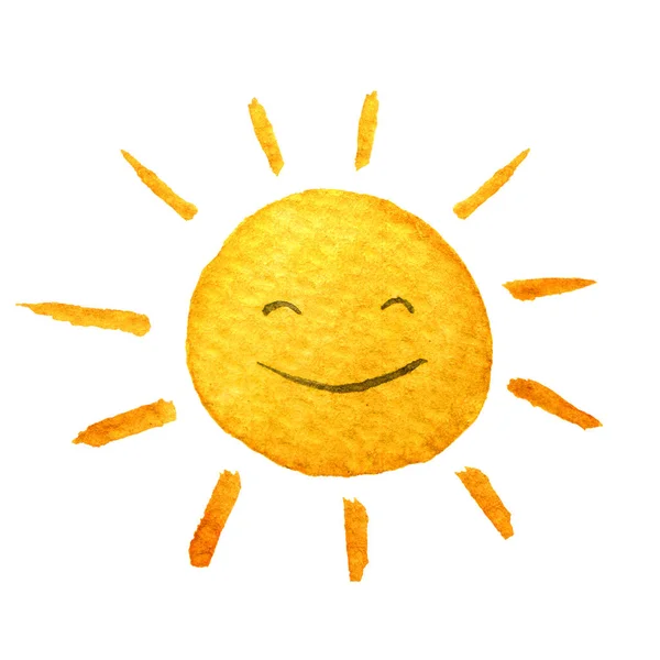 可爱的卡通阳光。手绘水彩插图微笑太阳。水颜色绘成图纸. — 图库照片