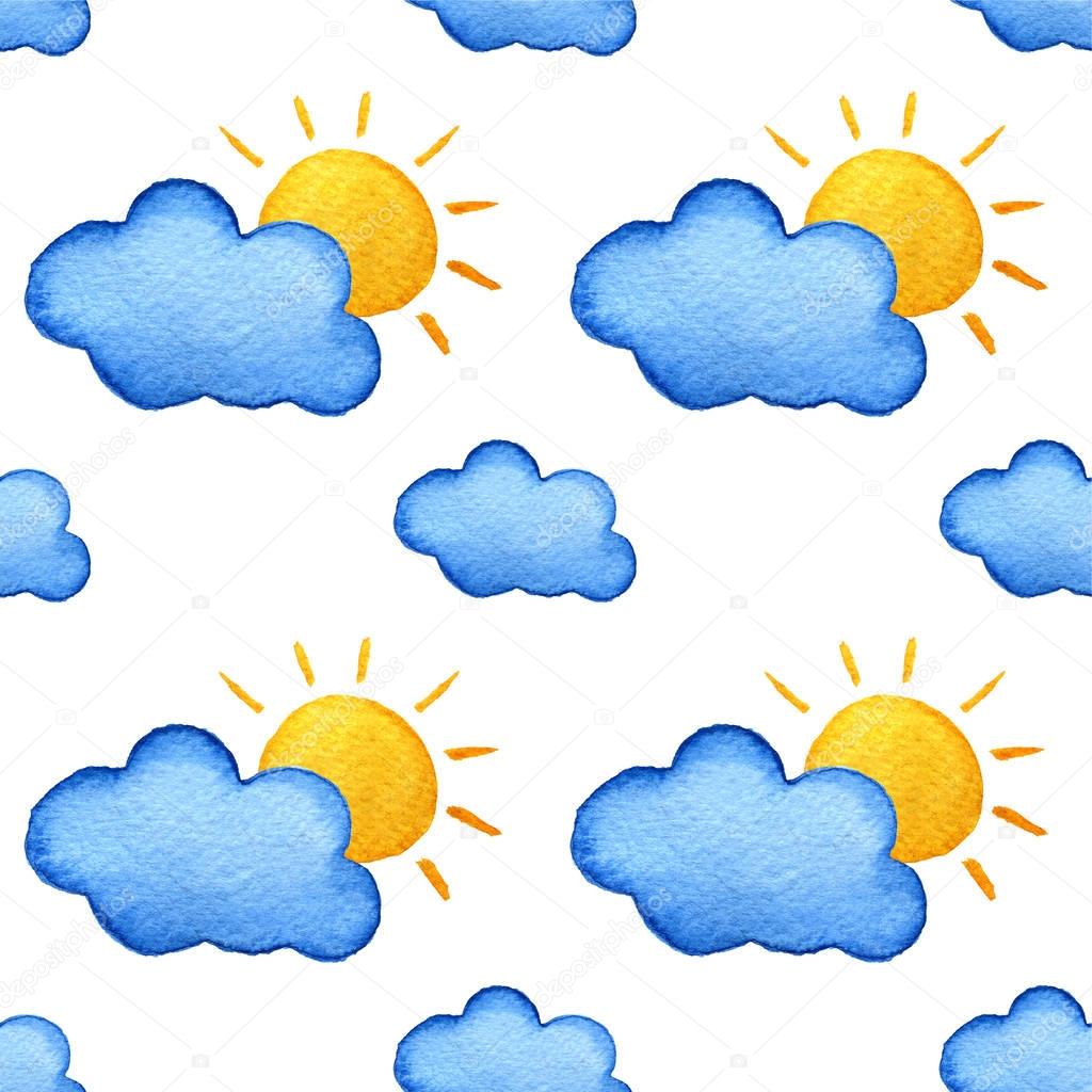 Funny happy smiling suns and clouds. Bright beautiful cartoon pattern. Handpainted watercolor illustration. Isolated on white