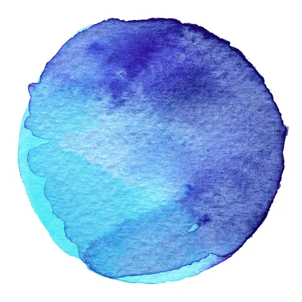 Cercle aquarelle bleu. Teinture avec la texture du papier. Élément de conception isolé sur fond blanc. Modèle abstrait dessiné à la main — Photo