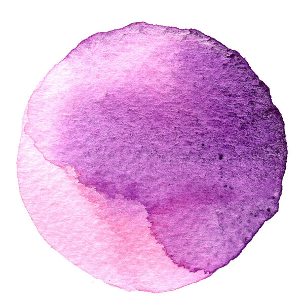 Purple watercolor circle. Stain with paper texture. Design element isolated on white background. Hand drawn abstract template