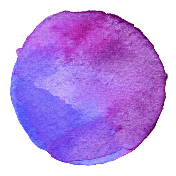 Purple watercolor circle. Stain with paper texture. Design element isolated on white background. Hand drawn abstract template