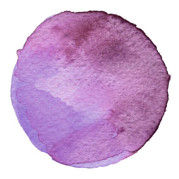 Purple watercolor circle. Stain with paper texture. Design element isolated on white background. Hand drawn abstract template
