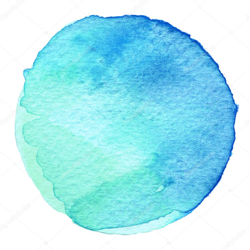 Blue watercolor circle. Stain with paper texture. Design element isolated on white background. Hand drawn abstract template