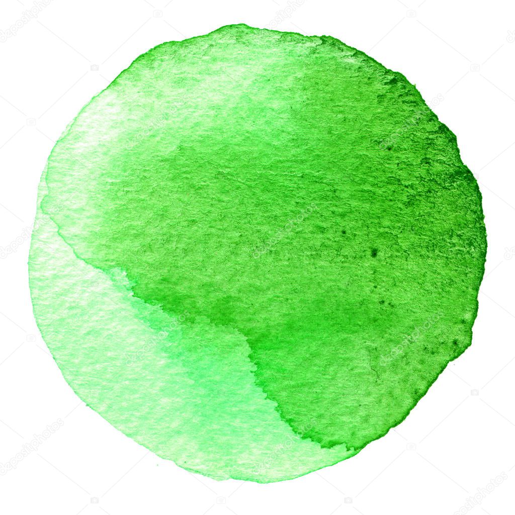 Green watercolor circle. Stain with paper texture. Design element isolated on white background. Hand drawn abstract template