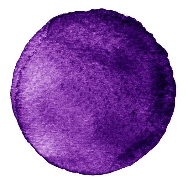 Purple watercolor circle. Stain with paper texture. Design element isolated on white background. Hand drawn abstract template
