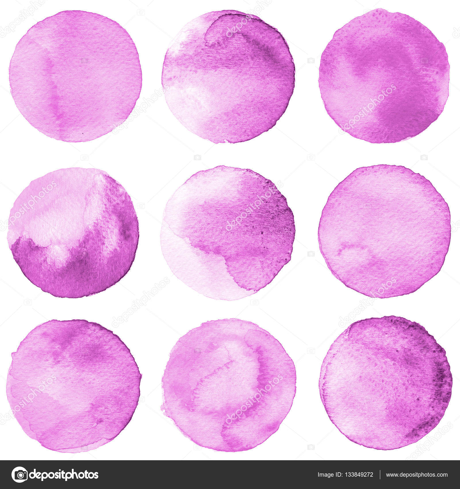 Acquerello con cerchi colori lavanda collezione viola Macchie dell acquerello set isolato su sfondo bianco Elementi di design