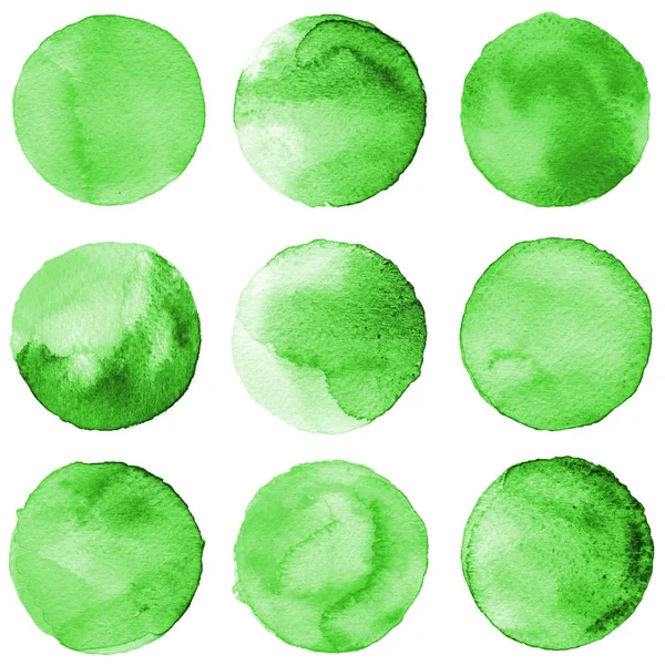 Círculos de acuarela colección colores verdes. Conjunto de manchas aisladas sobre fondo blanco. Elementos de diseño —  Fotos de Stock