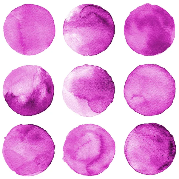 Acuarela círculos colección púrpura, lavanda colores. Conjunto de manchas aisladas sobre fondo blanco. Elementos de diseño — Foto de Stock