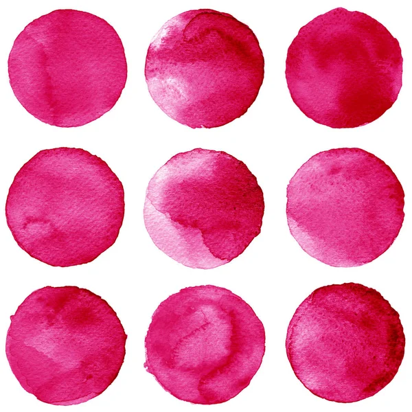 Acquerello cerchi collezione colori vinoso e rosa. Macchie poste isolate su sfondo bianco. Elementi di design — Foto Stock