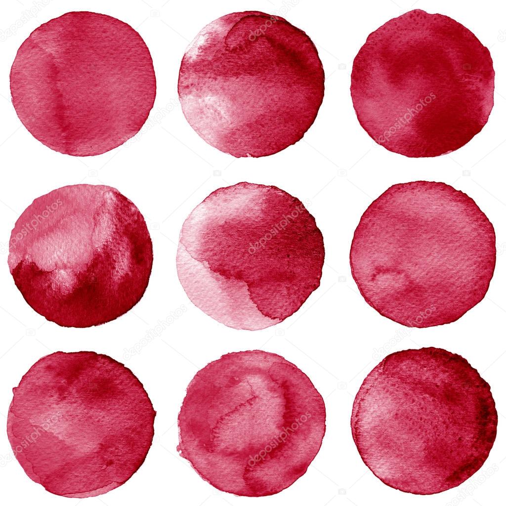 Watercolor circles collection vinous and red colors. Stains set isolated on white background. Design elements