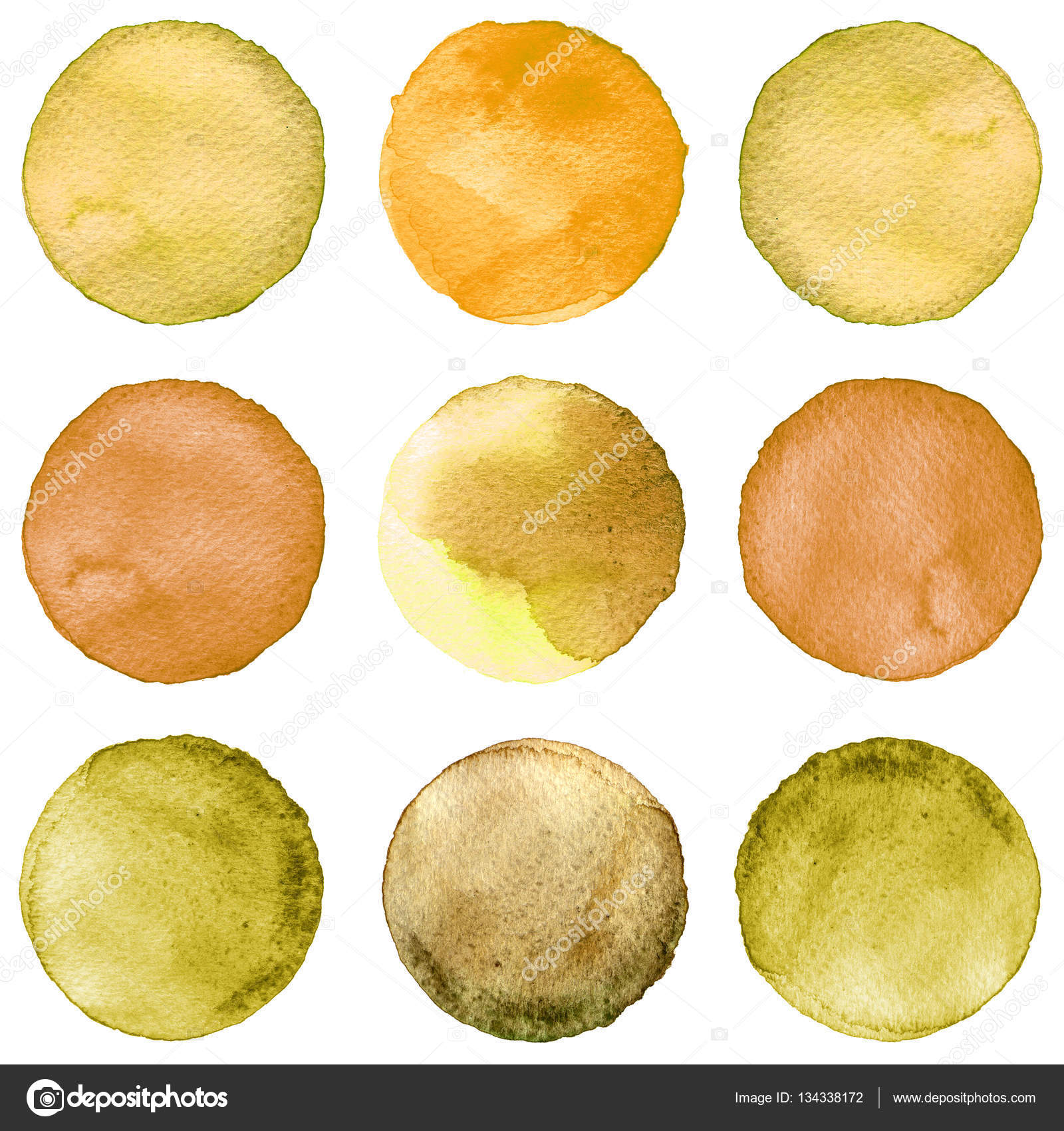 Serie di colorati a mano dell acquerello dipinto cerchio isolato su bianco Illustrazione dell acquerello per disegno artistico Rotonde macchie macchie di