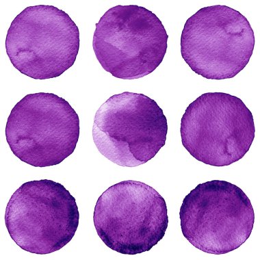 Suluboya daireler koleksiyonu yeşil renkler. Beyaz arka plan üzerinde izole set lekeleri. Tasarım öğeleri