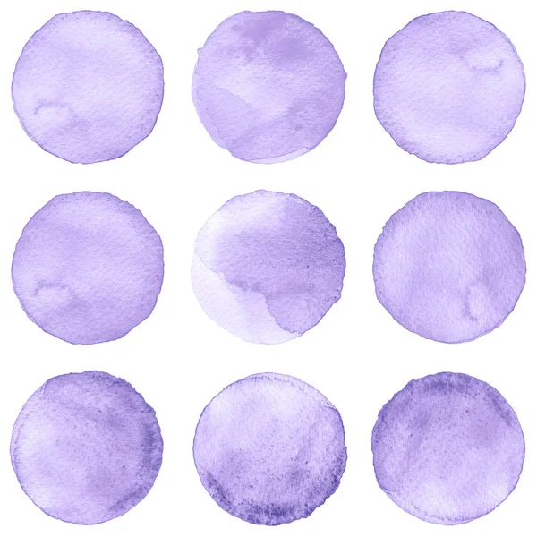 Círculos aquarela coleção roxo, cores lavanda. Manchas isoladas sobre fundo branco. Elementos de projeto — Fotografia de Stock