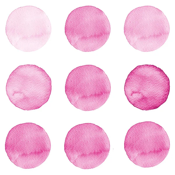 Ακουαρέλα κύκλοι συλλογή οινικής και ροζ χρώματα. Λεκέδες που απομονώνονται σε λευκό φόντο. Στοιχεία σχεδιασμού — Φωτογραφία Αρχείου