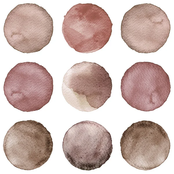 Acuarela círculos colección colores marrones. Conjunto de manchas aisladas sobre fondo blanco. Elementos de diseño — Foto de Stock