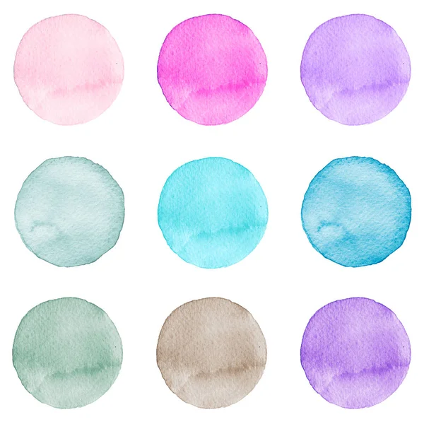 Ensemble de cercles d'aquarelle couleurs pastel. Illustration pour le design artistique. Taches rondes, taches isolées sur blanc . — Photo