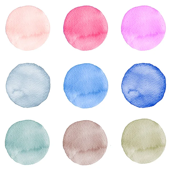 Σετ νερομπογιές κύκλοι παστέλ χρώματα. Εικονογράφηση για καλλιτεχνικό σχεδιασμό. Γύρος κηλίδες, κηλίδες που απομονώνονται σε λευκό. — Φωτογραφία Αρχείου