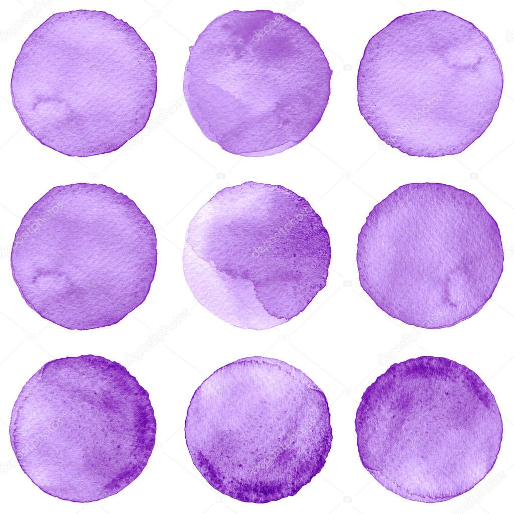 Watercolor circles collection purple, lavender colors. Stains set isolated on white background. Design elements