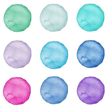 Suluboya kümesi pastel renkler daireler. Gösterim amacıyla sanatsal tasarım. Yuvarlak lekeler, üzerinde beyaz izole noktalar.