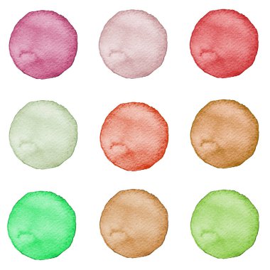 Suluboya kümesi pastel renkler daireler. Gösterim amacıyla sanatsal tasarım. Yuvarlak lekeler, üzerinde beyaz izole noktalar.