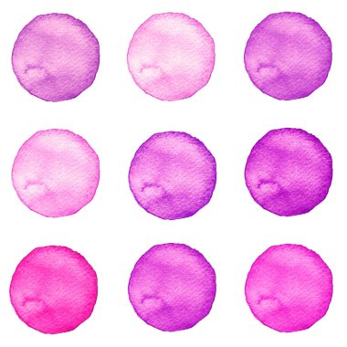 Suluboya daireler koleksiyonu pembe renkler. Beyaz arka plan üzerinde izole set lekeleri. Tasarım öğeleri