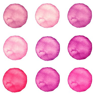 Suluboya daireler koleksiyonu pembe renkler. Beyaz arka plan üzerinde izole set lekeleri. Tasarım öğeleri