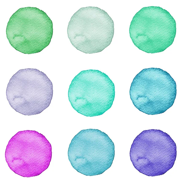 Conjunto de círculos de acuarela colores pastel. Ilustración para diseño artístico. Manchas redondas, manchas aisladas en blanco . — Foto de Stock