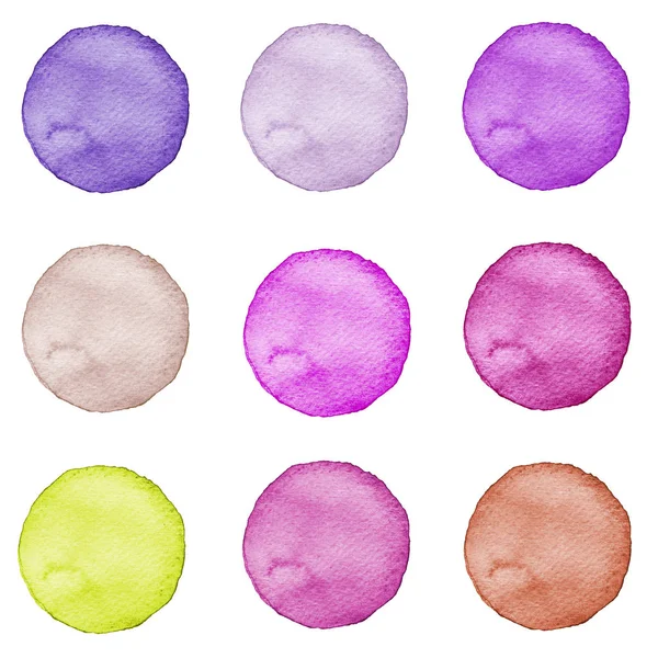 Ensemble de cercles d'aquarelle couleurs pastel. Illustration pour le design artistique. Taches rondes, taches isolées sur blanc . — Photo