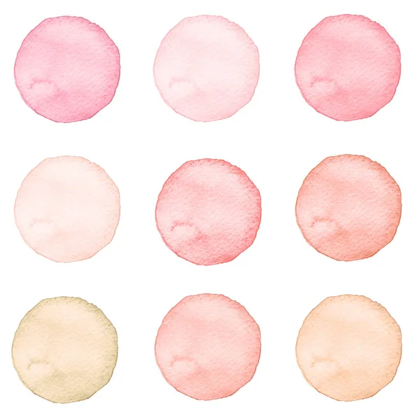 Círculos aquarela coleção cores rosa. Manchas isoladas sobre fundo branco. Elementos de projeto — Fotografia de Stock