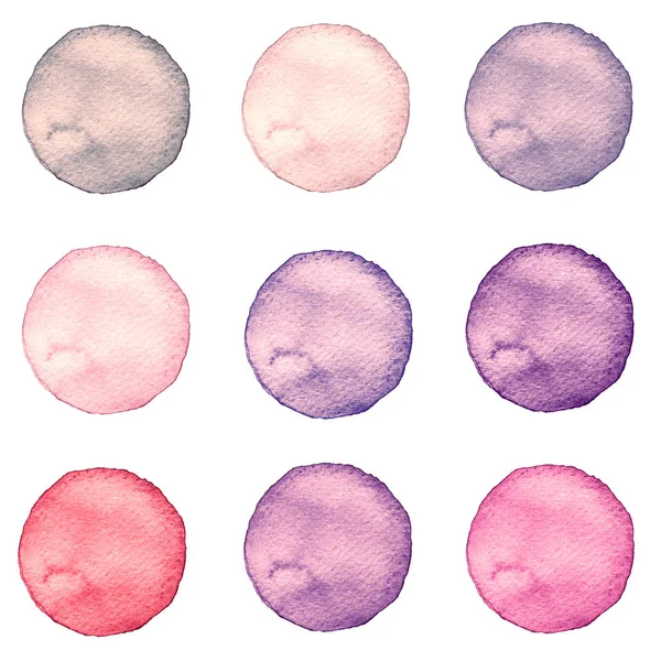 Círculos aquarela coleção cores rosa. Manchas isoladas sobre fundo branco. Elementos de projeto — Fotografia de Stock