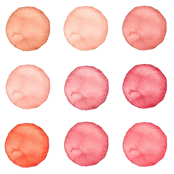 Círculos aquarela coleção cores rosa. Manchas isoladas sobre fundo branco. Elementos de projeto — Fotografia de Stock